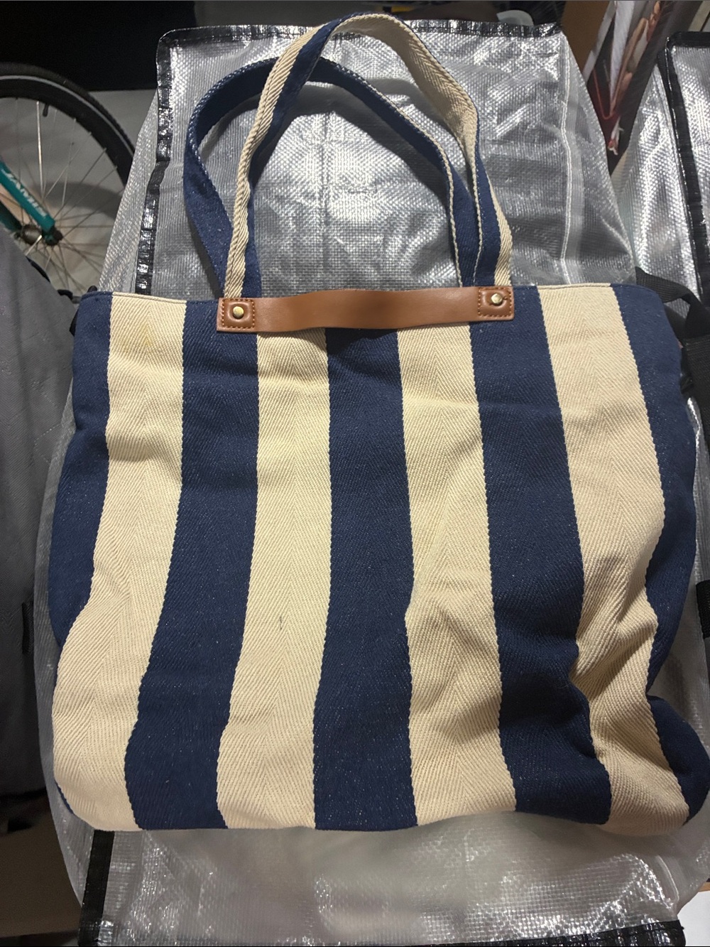 Street Level Black Interior Tote with White Arrow Print and Brown Leather Accent